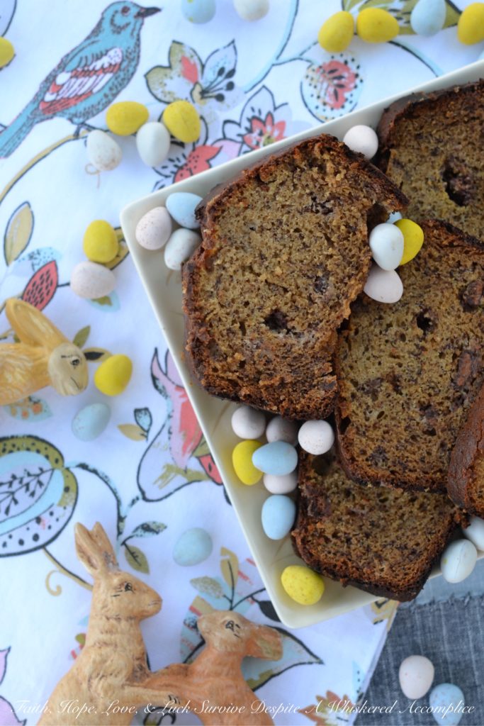 An Easter inspired banana bread that will make every-bunny happy with its delightful taste and abundance of chopped Cadbury Mini Eggs.
