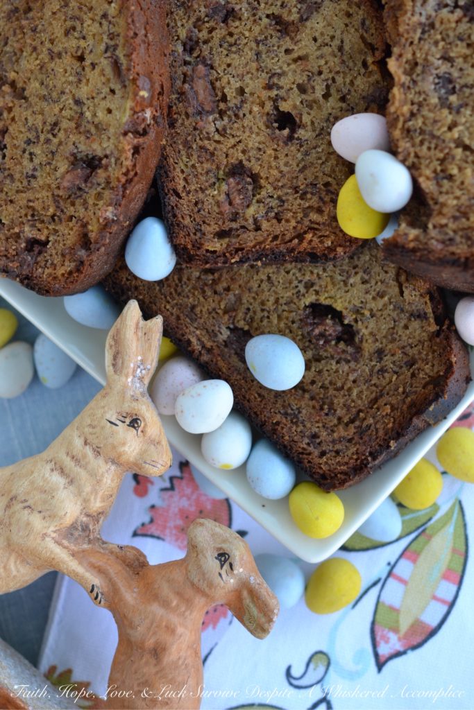 An Easter inspired banana bread that will make every-bunny happy with its delightful taste and abundance of chopped Cadbury Mini Eggs.