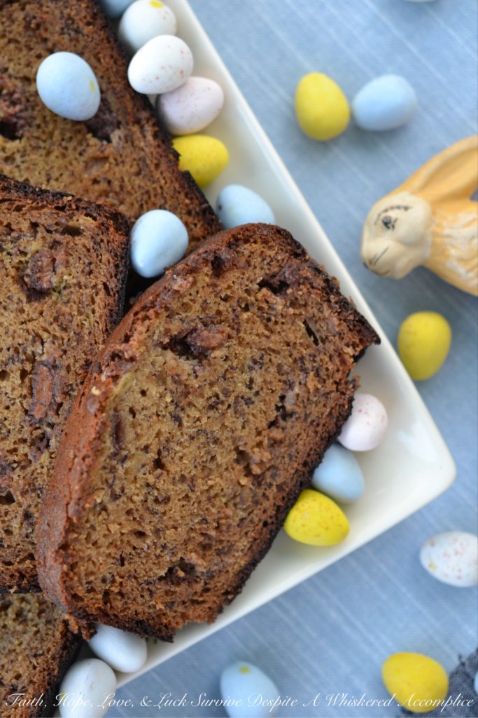 An Easter inspired banana bread that will make every-bunny happy with its delightful taste and abundance of chopped Cadbury Mini Eggs.