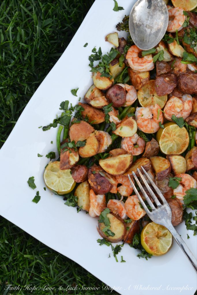 Sheet Pan Chipotle Lime Shrimp Bake - Red potatoes, asparagus, broccolini, and shrimp transform into the perfect sheet pan meal with the addition of chipotle, lime juice, and melted butter. This seafood dinner is great for when you have company on a busy evening because it tastes amazing but takes very little effort to throw together. You can use asparagus, broccolini, or a mix of the two. It’s all about what's available for a decent price.