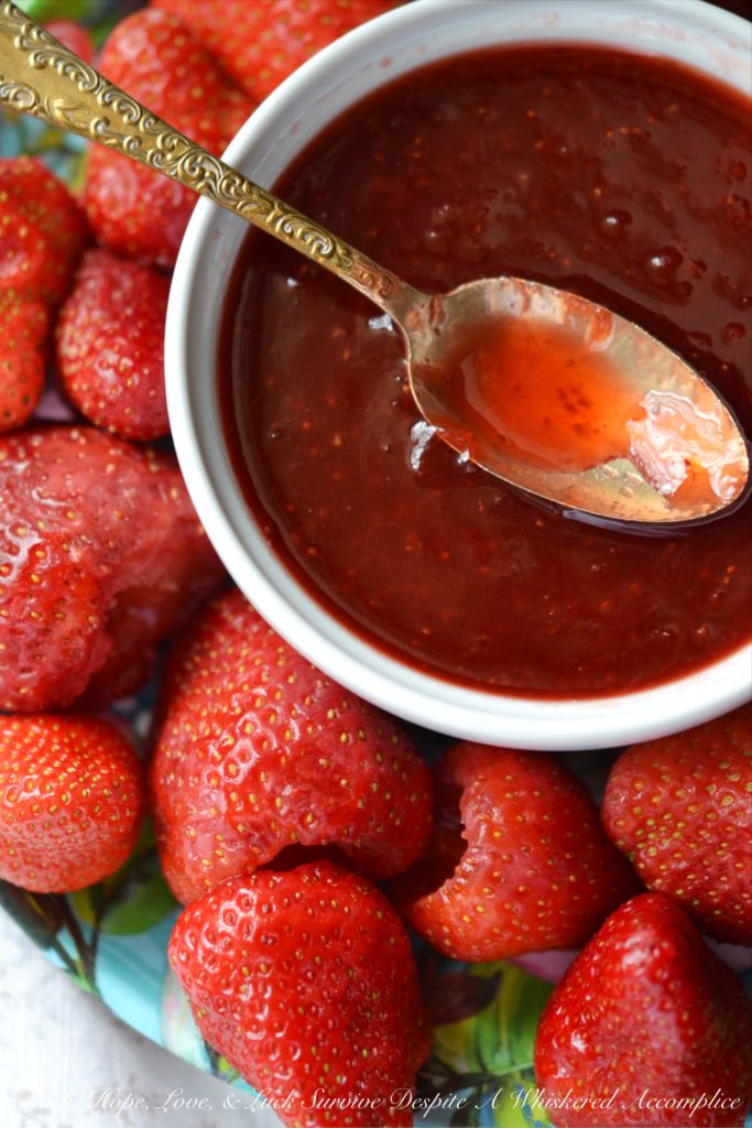 Fresh strawberries, rhubarb, sugar, sea salt, and lemon juice come together for a gorgeously sweet sauce that can be used on ice cream or pancakes.