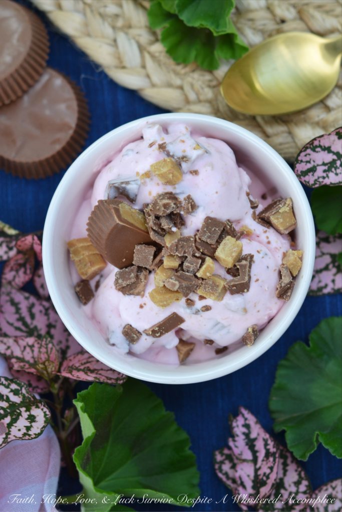Strawberry Sauce Reese's Ice Cream - Strawberry sauce and roughly chopped Reese's Peanut Butter Cups come together to form the most perfect frozen ice cream treat. This ice cream is sweet, fruity, peanut buttery, and slightly salty. It's everything you could ever wish for in a chocolaty peanut butter and jelly ice cream.