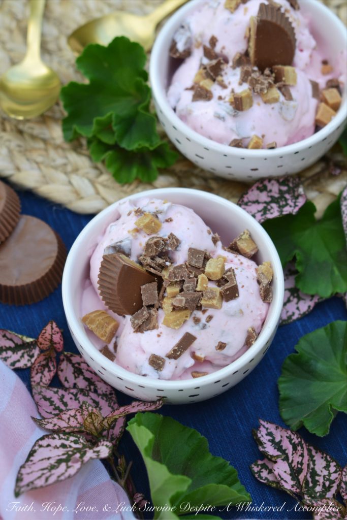 Strawberry Sauce Reese's Ice Cream - Strawberry sauce and roughly chopped Reese's Peanut Butter Cups come together to form the most perfect frozen ice cream treat. This ice cream is sweet, fruity, peanut buttery, and slightly salty. It's everything you could ever wish for in a chocolaty peanut butter and jelly ice cream.