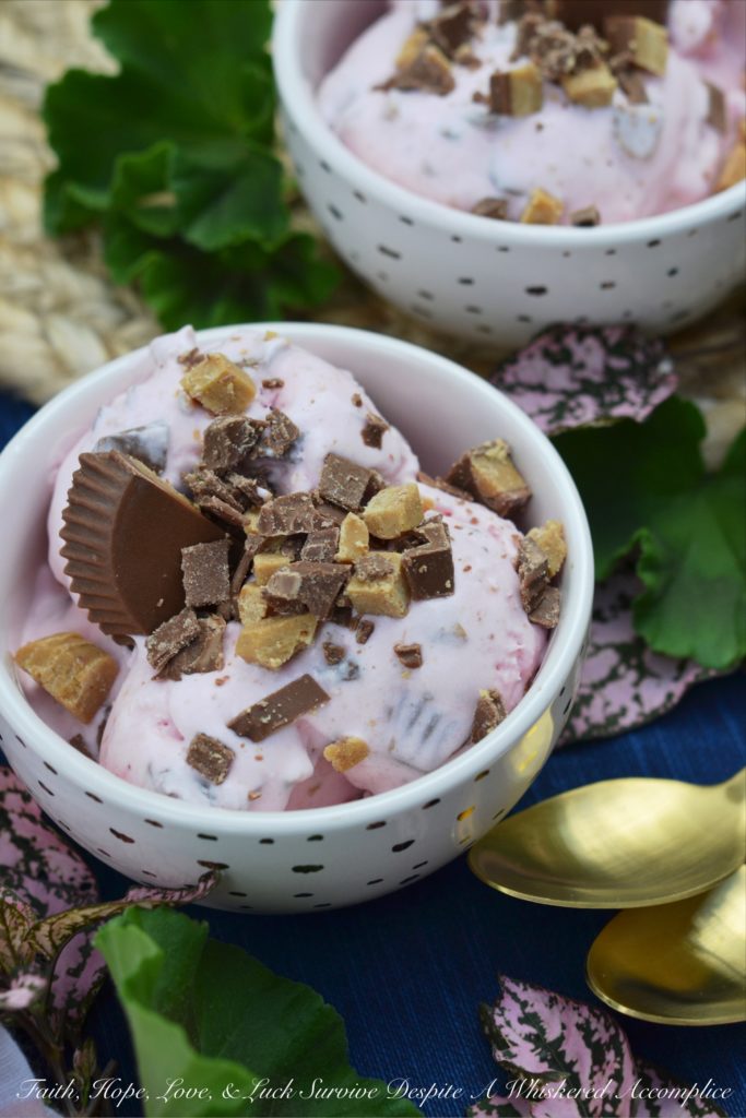Strawberry Sauce Reese's Ice Cream - Strawberry sauce and roughly chopped Reese's Peanut Butter Cups come together to form the most perfect frozen ice cream treat. This ice cream is sweet, fruity, peanut buttery, and slightly salty. It's everything you could ever wish for in a chocolaty peanut butter and jelly ice cream.