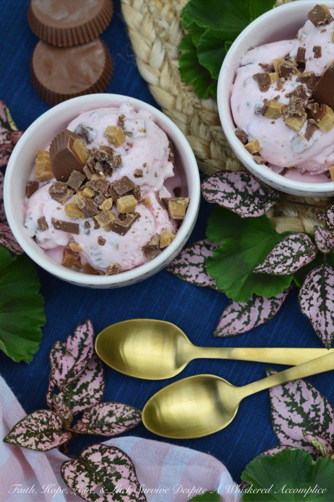 Strawberry Sauce Reese's Ice Cream - Strawberry sauce and roughly chopped Reese's Peanut Butter Cups come together to form the most perfect frozen ice cream treat. This ice cream is sweet, fruity, peanut buttery, and slightly salty. It's everything you could ever wish for in a chocolaty peanut butter and jelly ice cream.