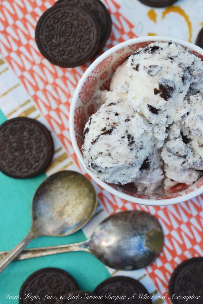 Garden Mint Cookies and Cream Ice Cream - This delicious cookies and cream ice cream is perfect for cooling down in the summertime. Fresh garden mint and crushed chocolate sandwich cookies come together in this ice cream to create the most amazing creamy and super minty frozen summer treat.