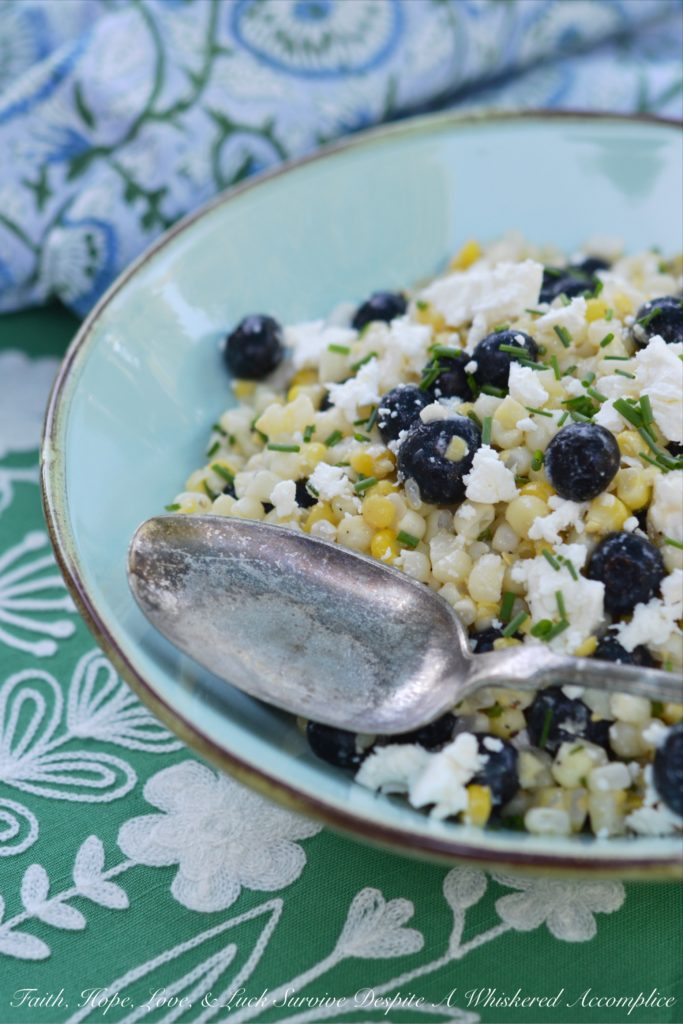 White Balsamic Blueberry, Corn, and Feta Salad - Fresh corn, plump blueberries, and feta cheese come together to make the perfect summer salad when combined with a white balsamic dressing.