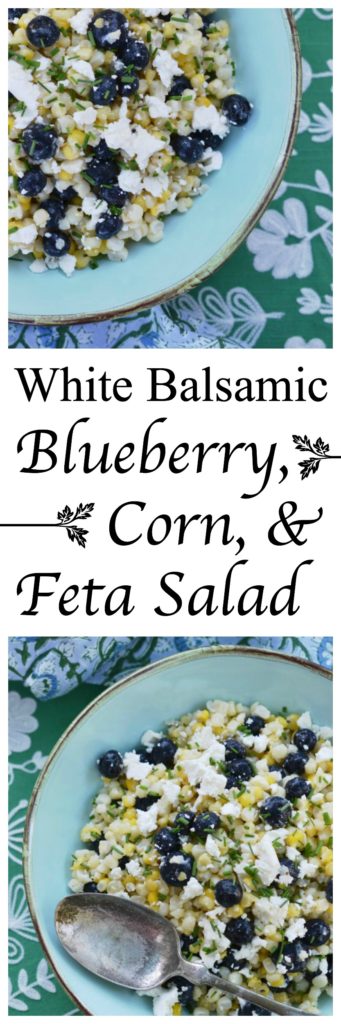 Fresh corn, plump blueberries, and feta cheese come together to make the perfect summer salad when combined with a white balsamic dressing.