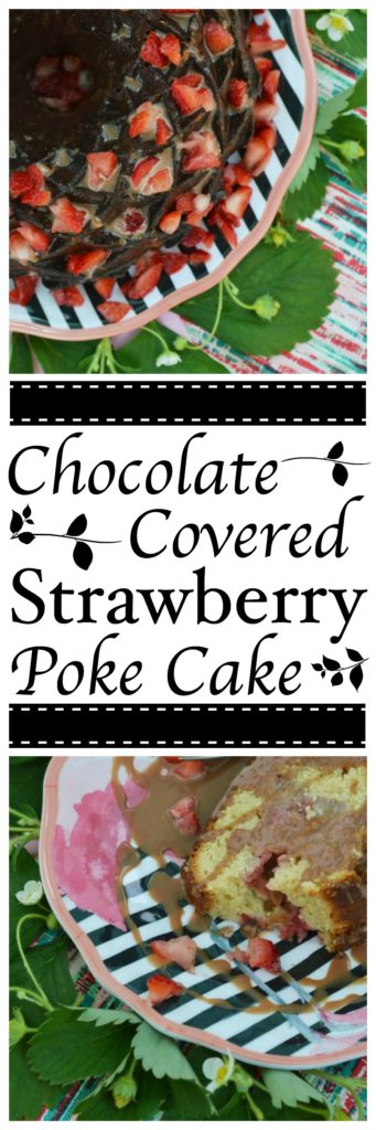 A delicate strawberry Bundt cake, poked and filled with strawberry purée, covered in chocolate sauce, and then garnished with even more fresh strawberries.