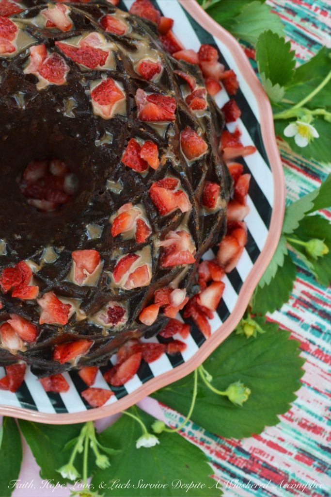 A delicate strawberry Bundt cake, poked and filled with strawberry purée, covered in chocolate sauce, and then garnished with even more fresh strawberries.