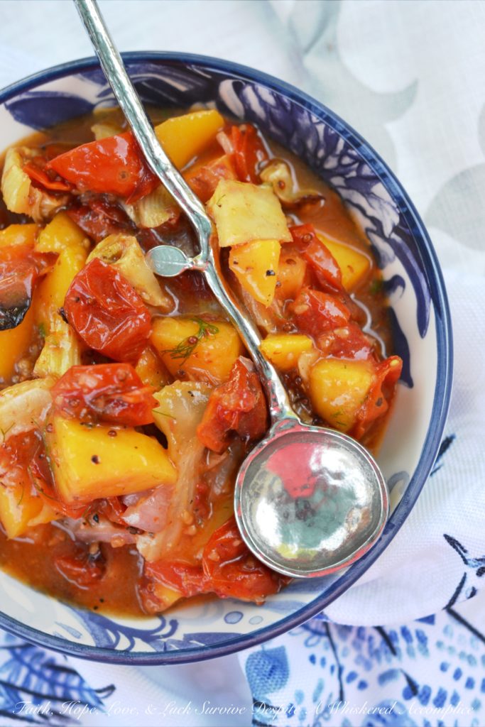 Sweet Roasted Tomato, Peach, & Fennel Chutney - Looking for a delicious sweet chutney to serve with your pork or fish? Try combining roasted tomatoes and fennel with fresh peaches and a dijon vinaigrette. The flavors complement each other perfectly, creating a dish that's both sweet and savory. Your guests will absolutely love it.