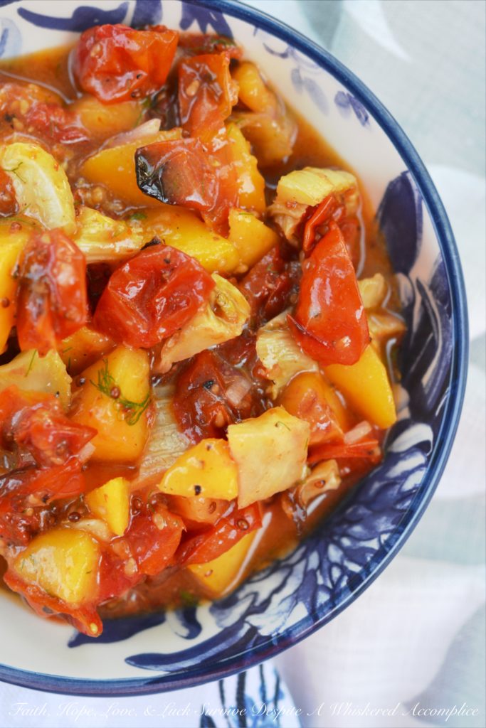 Sweet Roasted Tomato, Peach, & Fennel Chutney - Looking for a delicious sweet chutney to serve with your pork or fish? Try combining roasted tomatoes and fennel with fresh peaches and a dijon vinaigrette. The flavors complement each other perfectly, creating a dish that's both sweet and savory. Your guests will absolutely love it.