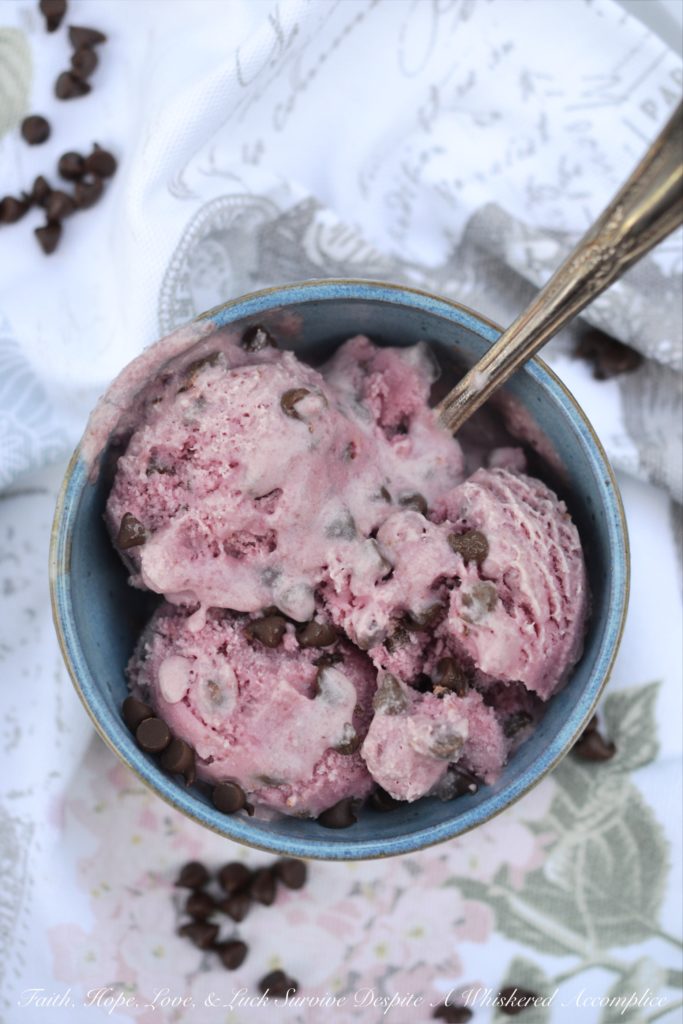 Blended Cherry Chocolate Chip Ice Cream - A simple, sweet, creamy, and decadent miniature chocolate chip-loaded ice cream using blended cherry pie filling, heavy cream, milk, vanilla, and sugar. This ice cream is fruity and chocolaty at the same time.