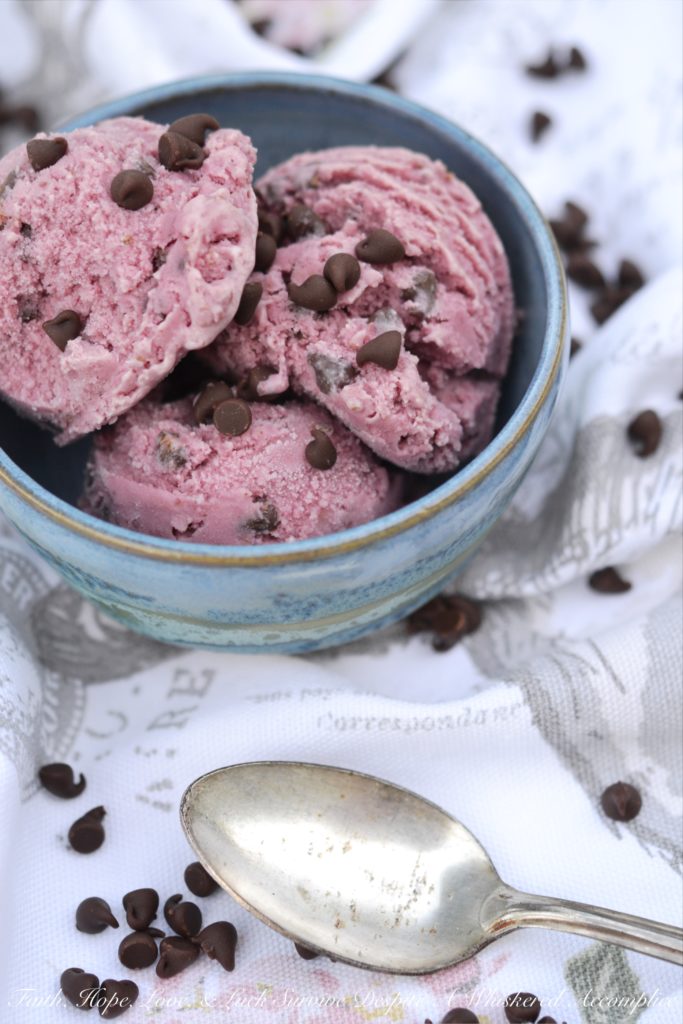 Blended Cherry Chocolate Chip Ice Cream - A simple, sweet, creamy, and decadent miniature chocolate chip-loaded ice cream using blended cherry pie filling, heavy cream, milk, vanilla, and sugar. This ice cream is fruity and chocolaty at the same time.