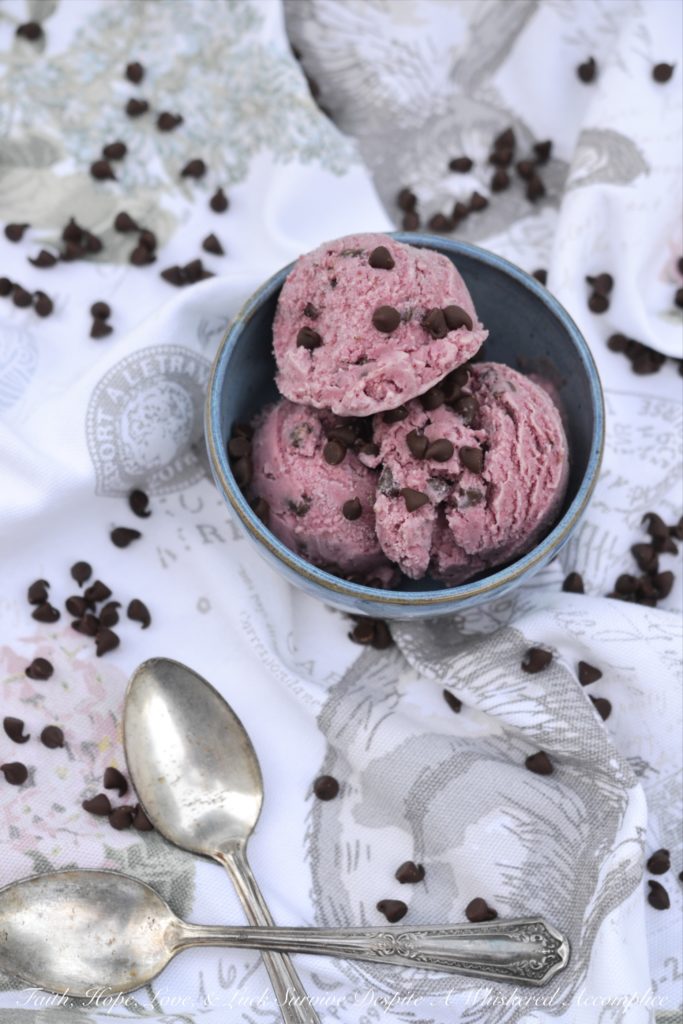 Blended Cherry Chocolate Chip Ice Cream - A simple, sweet, creamy, and decadent miniature chocolate chip-loaded ice cream using blended cherry pie filling, heavy cream, milk, vanilla, and sugar. This ice cream is fruity and chocolaty at the same time.