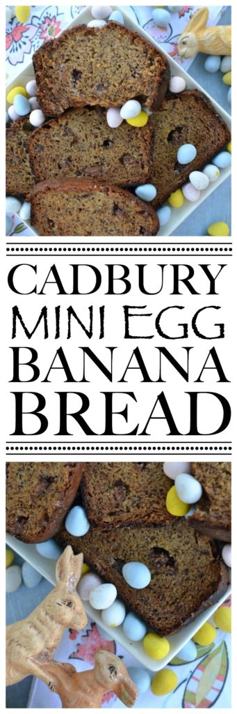 An Easter inspired banana bread that will make every-bunny happy with its delightful taste and abundance of chopped Cadbury Mini Eggs.