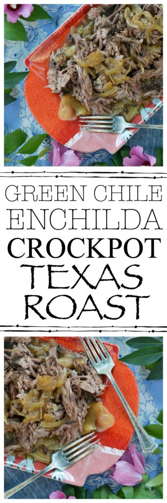 A mouthwatering crockpot roast rubbed with Texas seasoning and then slowly cooked in green chile enchilada sauce until tender and flavorful.