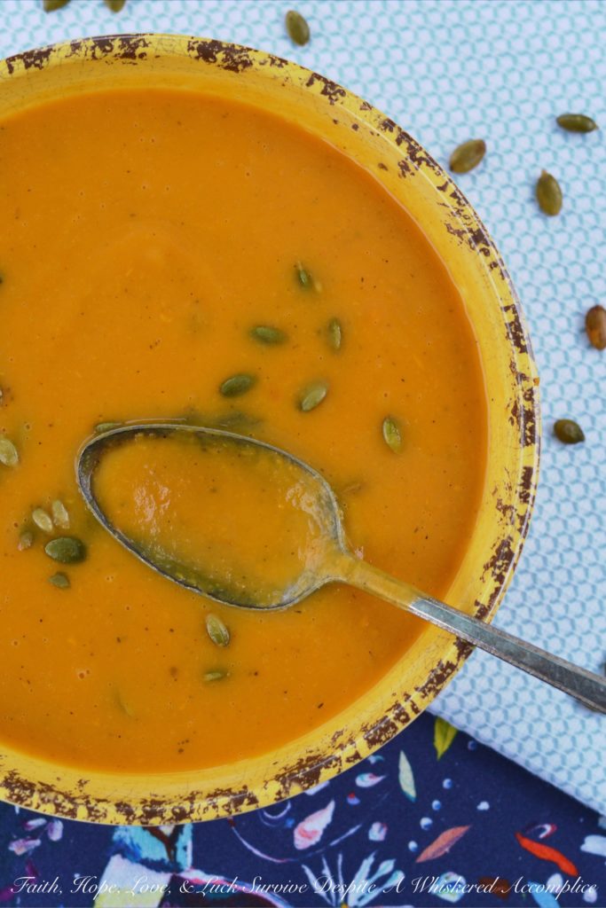Vegan & Gluten-Free Sweet Potato Crockpot Soup - A simple autumn-inspired healthy crockpot sweet potato soup that will satisfy anyone who observes a vegan, gluten-free, or non-restrictive diet, as well as anyone who just craves a delicious autumn soup.