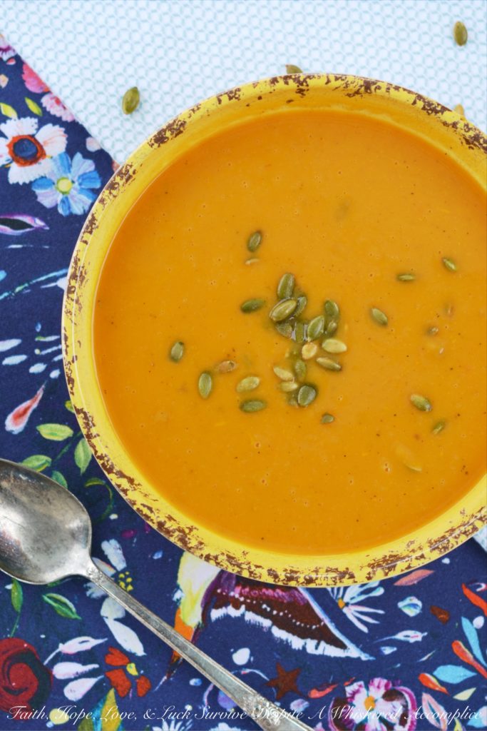 Vegan & Gluten-Free Sweet Potato Crockpot Soup - A simple autumn-inspired healthy crockpot sweet potato soup that will satisfy anyone who observes a vegan, gluten-free, or non-restrictive diet, as well as anyone who just craves a delicious autumn soup.