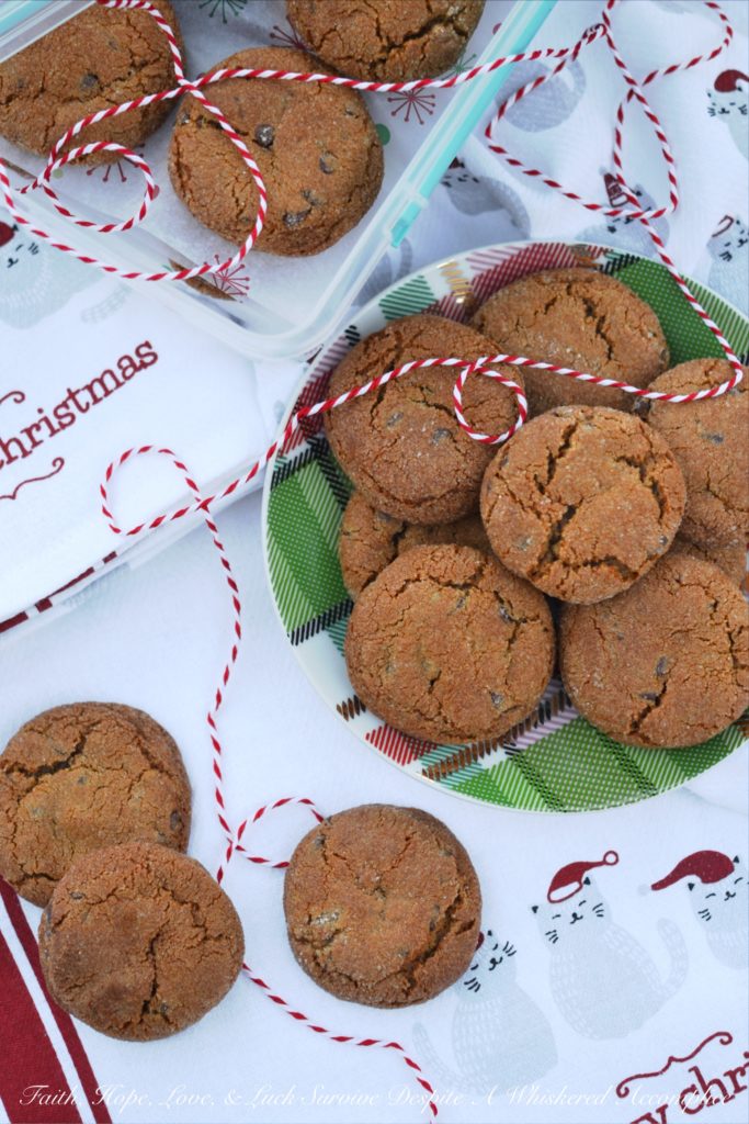 Crystallized Gingerbread Chocolate Chip Cookies - Every cookie exchange, cookie swap, or cookie tray should include a gingerbread cookie and this chocolate chip cookie version is one everyone will enjoy.