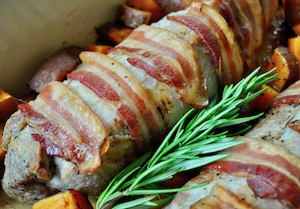 Bacon Wrapped Pork Tenderloin with Roasted Sweet Potatoes - Celebrate the month of February with this Valentine's Day themed Recipe Round-Up. There's sure to be something your sweetheart will love.