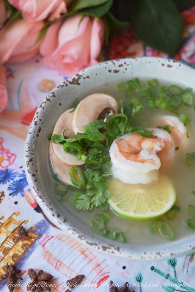Healthy Shrimp & Rice Vermicelli Pho - Craving a warm and comforting bowl of Vietnamese pho but short on time? Delicate vermicelli noodles and succulent shrimp poach to perfection in a quick, yet deeply flavorful seasoned aromatic broth, that's both easy to make yet incredibly satisfying. Served with fresh cilantro, scallions, earthy mushrooms, and a squeeze of bright lime juice, this healthy soup is a refreshing and truly delightful guilt-free meal.