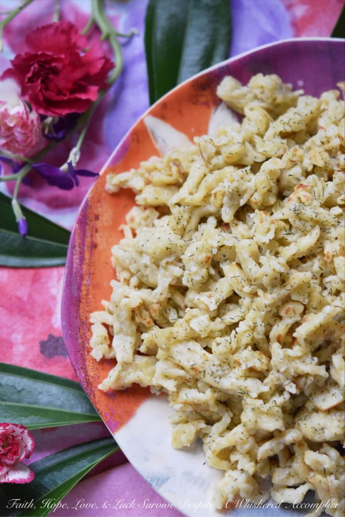 Homemade spaetzle or spätzle is a German or Pennsylvania Dutch egg noodle which is easy to make with the help of a potato ricer. This version is made even more flavorful thanks to the addition of dried dill weed.