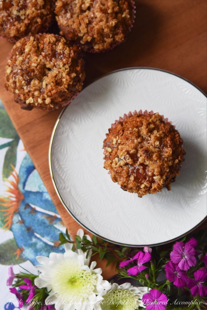 Strawberry Rhubarb Jam Oatmeal Muffins - Strawberry rhubarb jam lends a sweet fruity flavor to these delicious muffins sprinkled with just a touch of brown sugar, butter, and oatmeal crumble topping. The combination of jam and crunchy topping makes these muffins the perfect way to start your morning.