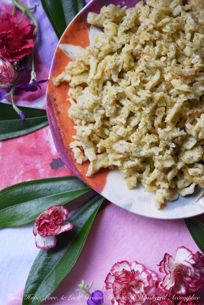 Homemade spaetzle or spätzle is a German or Pennsylvania Dutch egg noodle which is easy to make with the help of a potato ricer. This version is made even more flavorful thanks to the addition of dried dill weed.