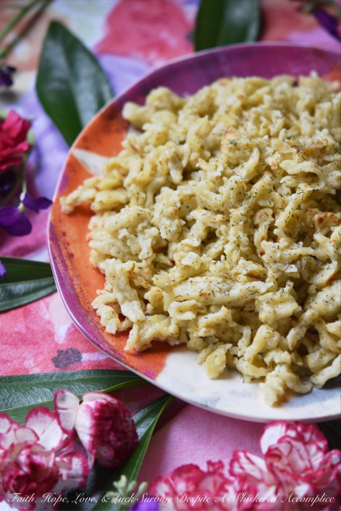 Homemade spaetzle or spätzle is a German or Pennsylvania Dutch egg noodle which is easy to make with the help of a potato ricer. This version is made even more flavorful thanks to the addition of dried dill weed.