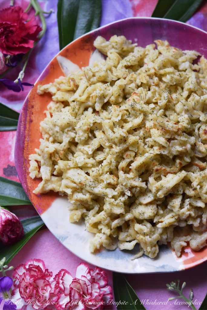 Homemade spaetzle or spätzle is a German or Pennsylvania Dutch egg noodle which is easy to make with the help of a potato ricer. This version is made even more flavorful thanks to the addition of dried dill weed.