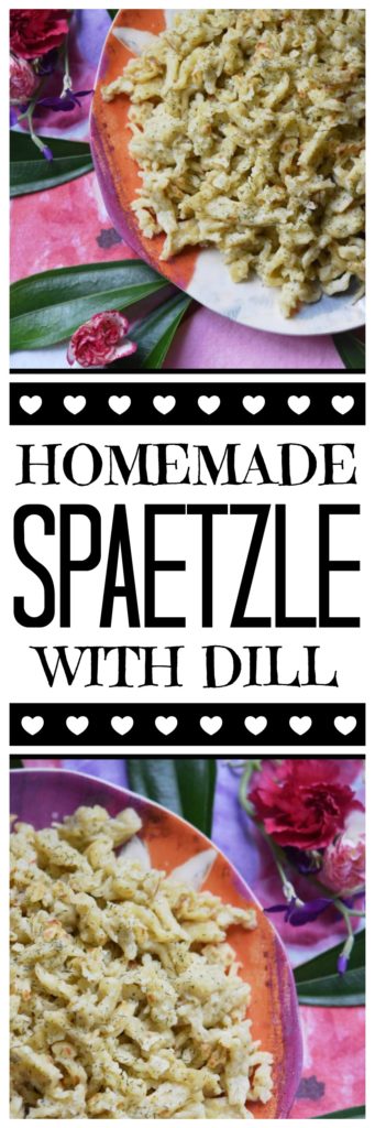 Homemade spaetzle or spätzle is a German or Pennsylvania Dutch egg noodle which is easy to make with the help of a potato ricer. This version is made even more flavorful thanks to the addition of dried dill weed.