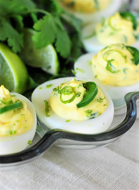 Jalapeno-Lime Deviled Eggs - The Kitchen Is My Playground - Welcome to the Friday Frenzy, the best food and craft link party on the web. Visit us this week to see what recipes and crafts we are most excited about.