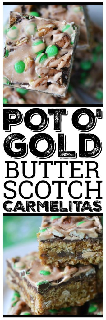 Biting into one of these butterscotch carmelitas is like hitting the St. Patrick's Day pot o' gold jackpot. Each bite is overflowing with sweet and crunchy rich butterscotch flavor.