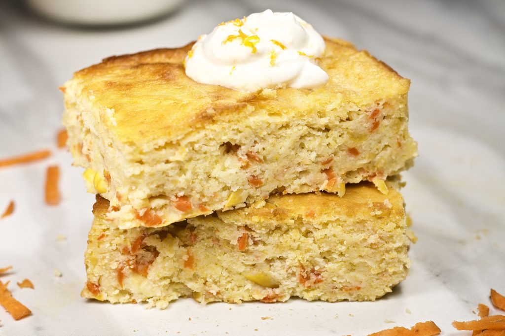 Carrot Cornbread with Orange Honey Cream - Looney for Food - Welcome to the Friday Frenzy, the best food and craft link party on the web. Visit us this week to see what recipes and crafts we are most excited about.