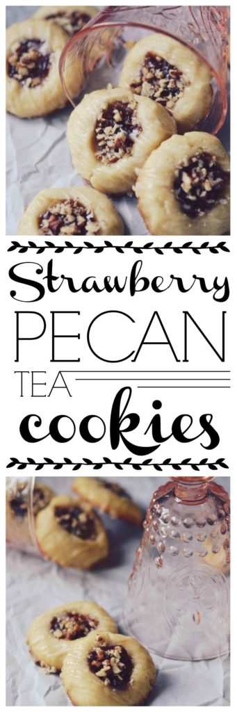 Strawberry Pecan Tea Cookies - These crumbly buttery thumbprint cookies go just as great with your morning coffee as they do with your afternoon tea. They're also just as tasty for dessert or a late-night snack. Filled with strawberry preserves, sprinkled with finely chopped pecans, and then drizzled with a sweet vanilla icing, these are one sweet crunchy tea cookie that you'll instantly swoon over.