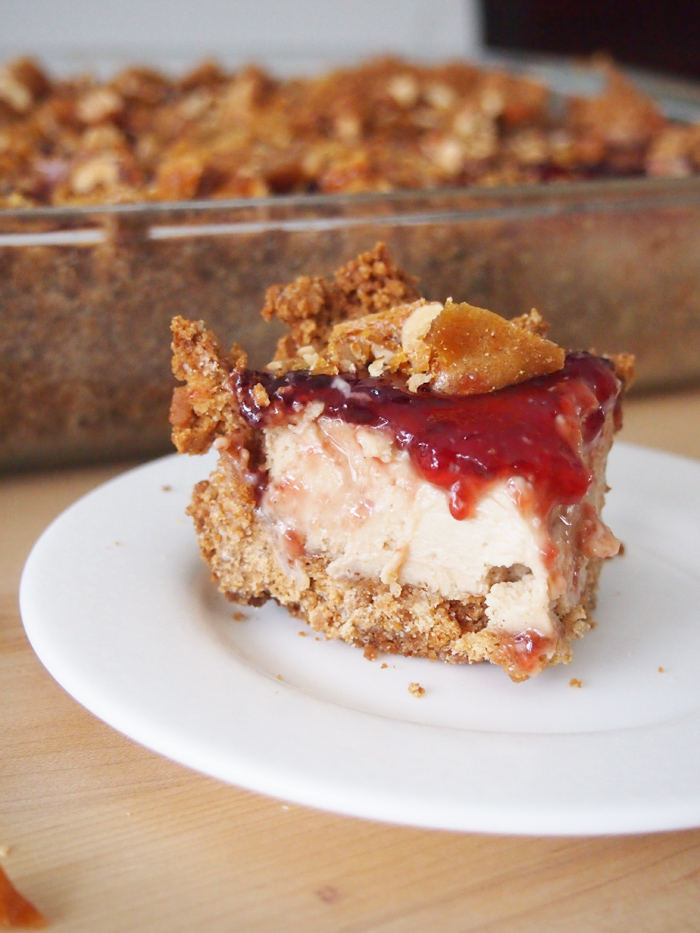 Peanut Butter and Jelly Cheesecake Bars - Pies and Plots - This month we're sharing our best and our absolute favorite recipes for dads in our June monthly recipe round-up. You're sure to find just the right recipe to make for your father this Father's Day.