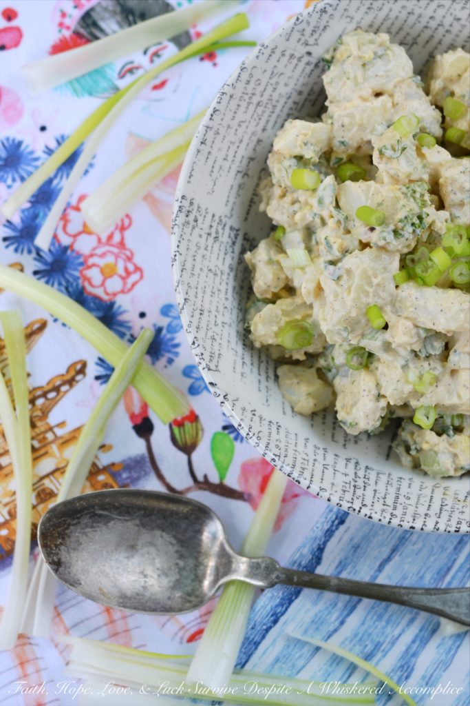 Dad's Country Garden Potato Salad - This country potato salad is made using fresh ingredients straight from the garden, along with creamy mayonnaise and a few simple ingredients. Loaded with hard-boiled eggs, finely chopped celery, fresh parsley, and chopped garden scallions or spring onions, this flavorful side salad is one that any dad would be thrilled to be served.