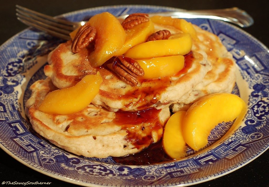 Buttermilk Pecan Pancakes with Vanilla Bourbon Peaches - The Saucy Southerner - The month of July is all about summer cookouts, picnics, and barbecues. We're sharing our favorite red, white, and blue patriotic themed recipes to help get you in the 4th of July spirit.