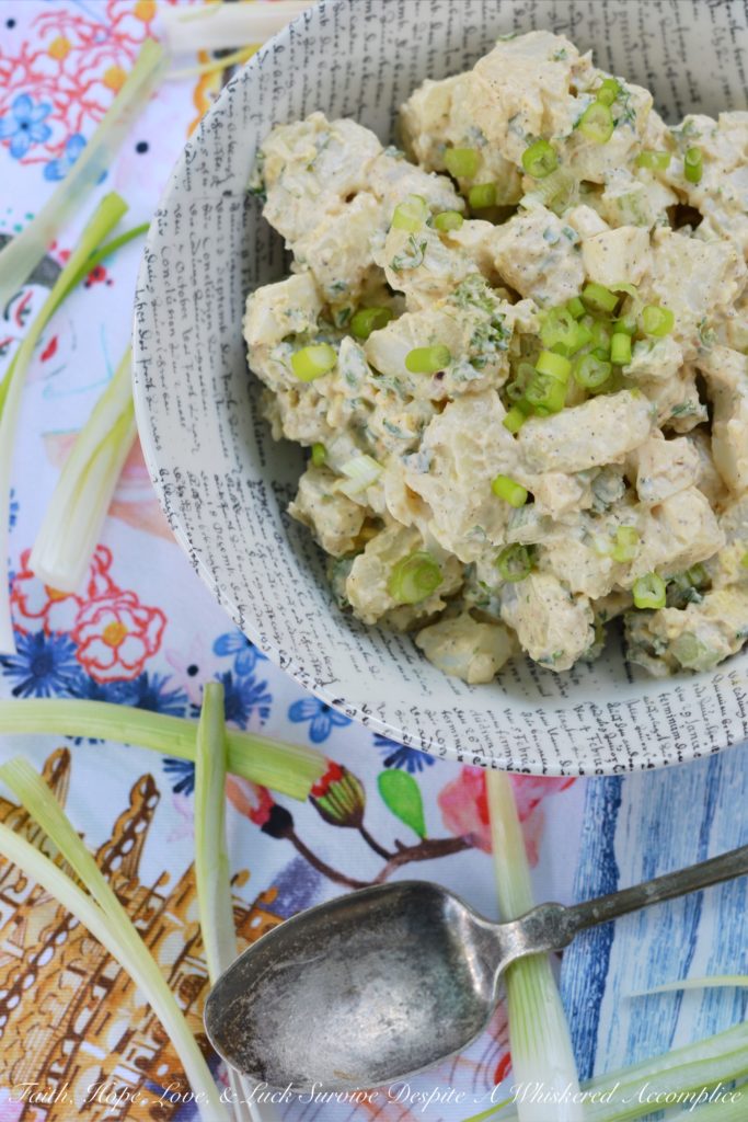 Dad's Country Garden Potato Salad - This country potato salad is made using fresh ingredients straight from the garden, along with creamy mayonnaise and a few simple ingredients. Loaded with hard-boiled eggs, finely chopped celery, fresh parsley, and chopped garden scallions or spring onions, this flavorful side salad is one that any dad would be thrilled to be served.