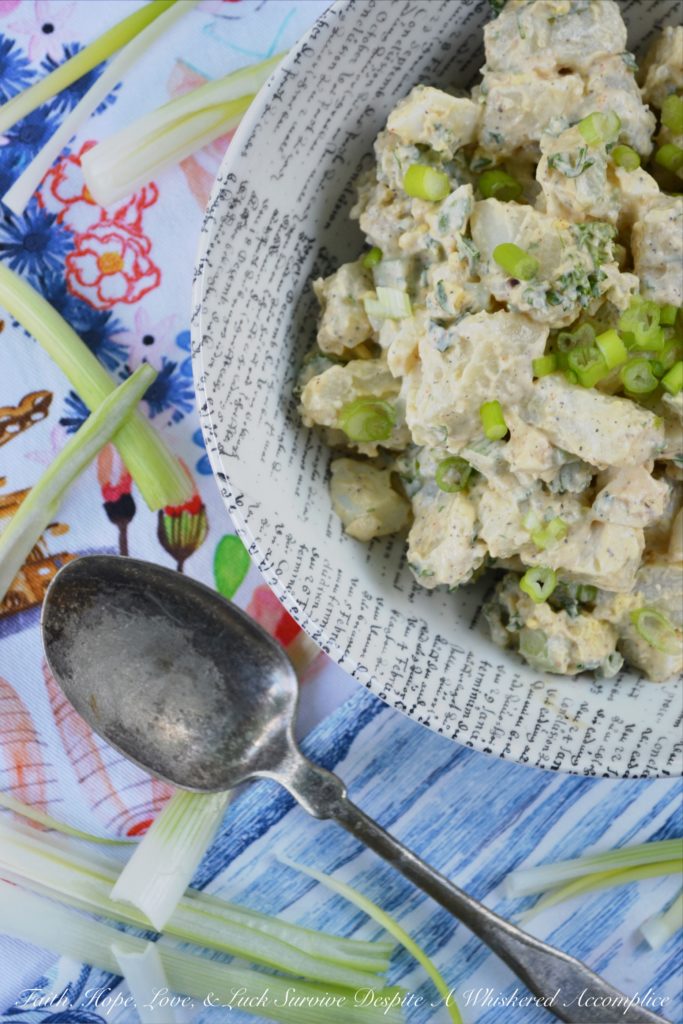 Dad's Country Garden Potato Salad - This country potato salad is made using fresh ingredients straight from the garden, along with creamy mayonnaise and a few simple ingredients. Loaded with hard-boiled eggs, finely chopped celery, fresh parsley, and chopped garden scallions or spring onions, this flavorful side salad is one that any dad would be thrilled to be served.