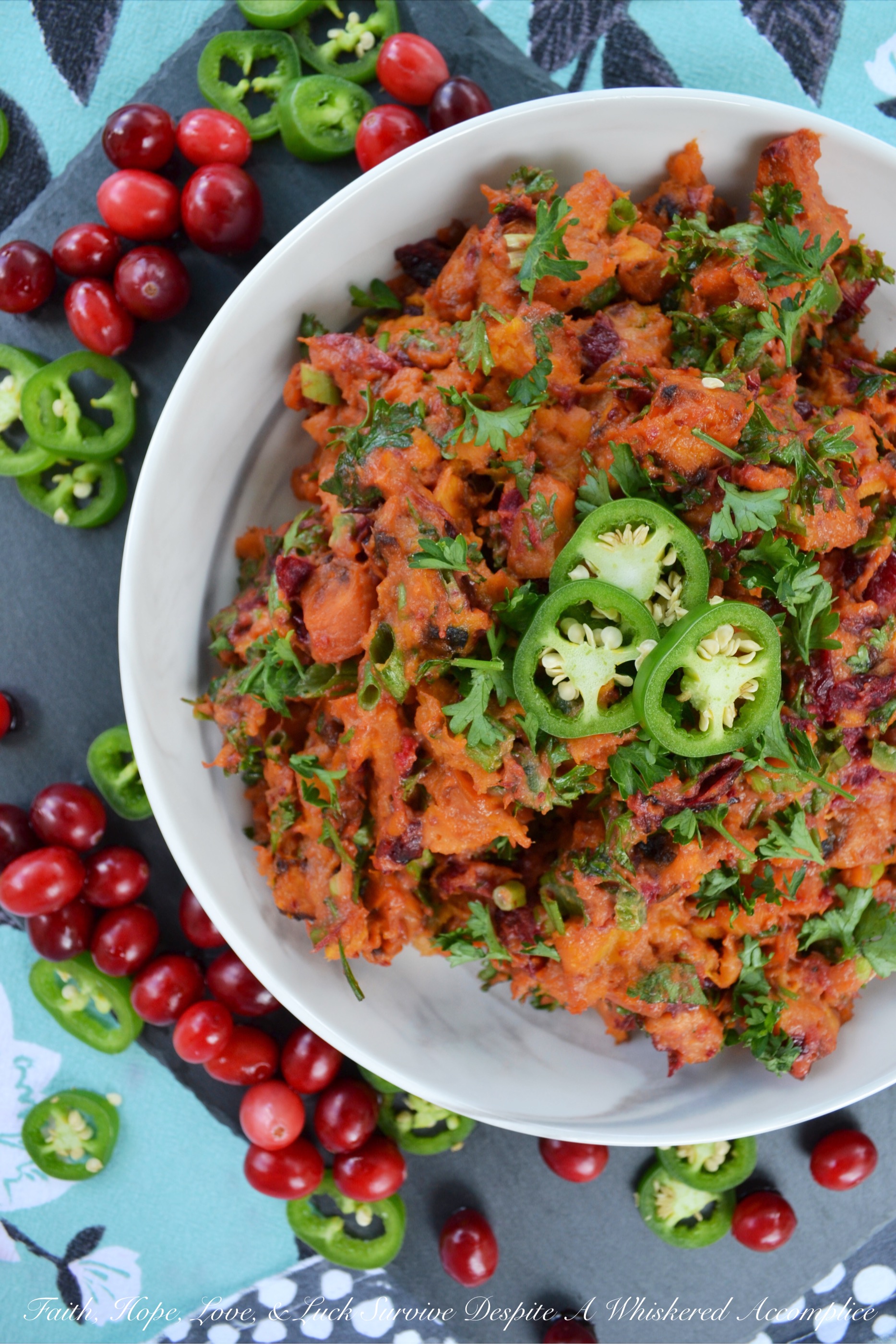 Warm Cranberry & Jalapeño Sweet Potato Salad - This warm side salad is made using oven-roasted sweet potatoes and cranberries, which are tossed in a sweet and spicy sauce, along with chopped scallions, finely diced jalapeño, and fresh parsley. This unique and flavorful summer potato salad just goes to show you that sweet potatoes and cranberries aren't just for Thanksgiving anymore.
