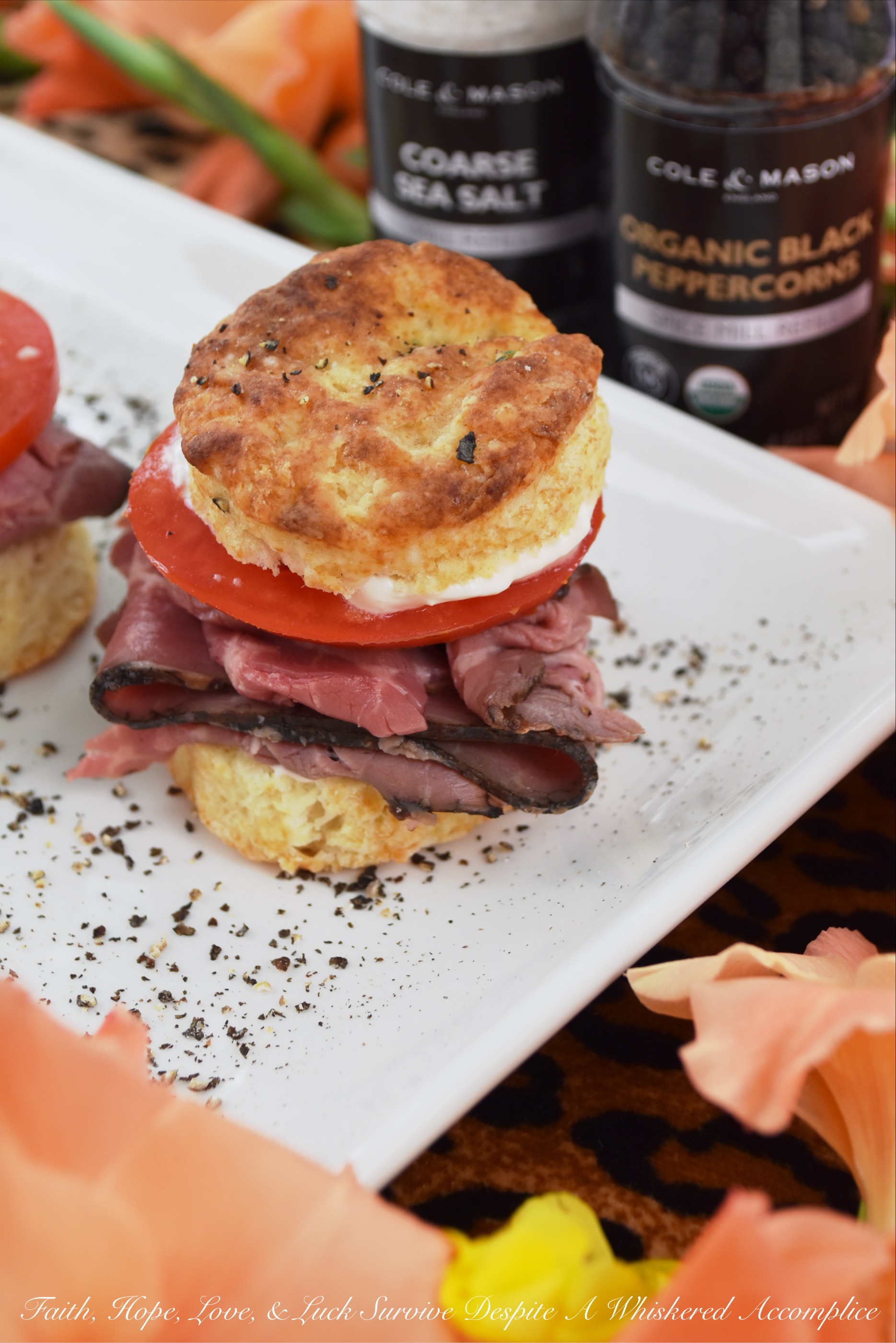 Salt & Pepper Horseradish Roast Beef Biscuits - What could be better than a roast beef sandwich? A roast beef sandwich on top of a warm homemade salt and pepper biscuit, slathered in a creamy horseradish sour cream sauce, which is then topped off with a juicy slice of ruby red tomato. Now that could possibly be the best roast beef sandwich ever.