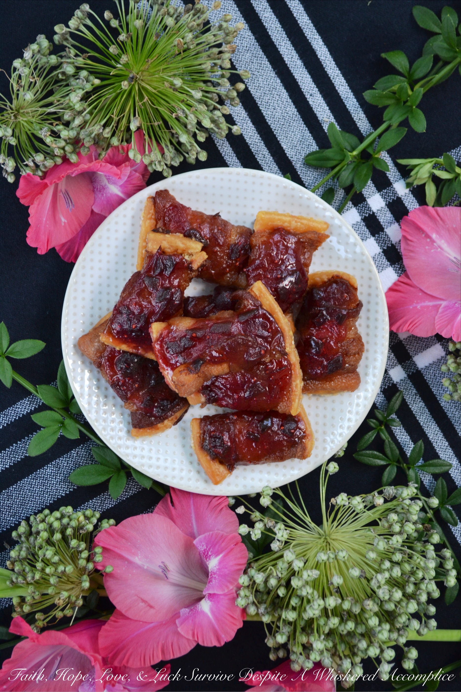 Bacon-Wrapped Cranberry Jalapeño Crackers - These may just be THE BEST APPETIZER you will ever eat. Buttery crackers are first wrapped in bacon before being topped with a sweet and spicy cranberry jalapeño jam sauce. To make these crackers even spicier, you can either top them with finely diced or thinly sliced additional jalapeño. Make a batch of the jam sauce ahead of time and freeze it in small batches, so that you'll always have some ready when you're in the mood to make this tasty treat.