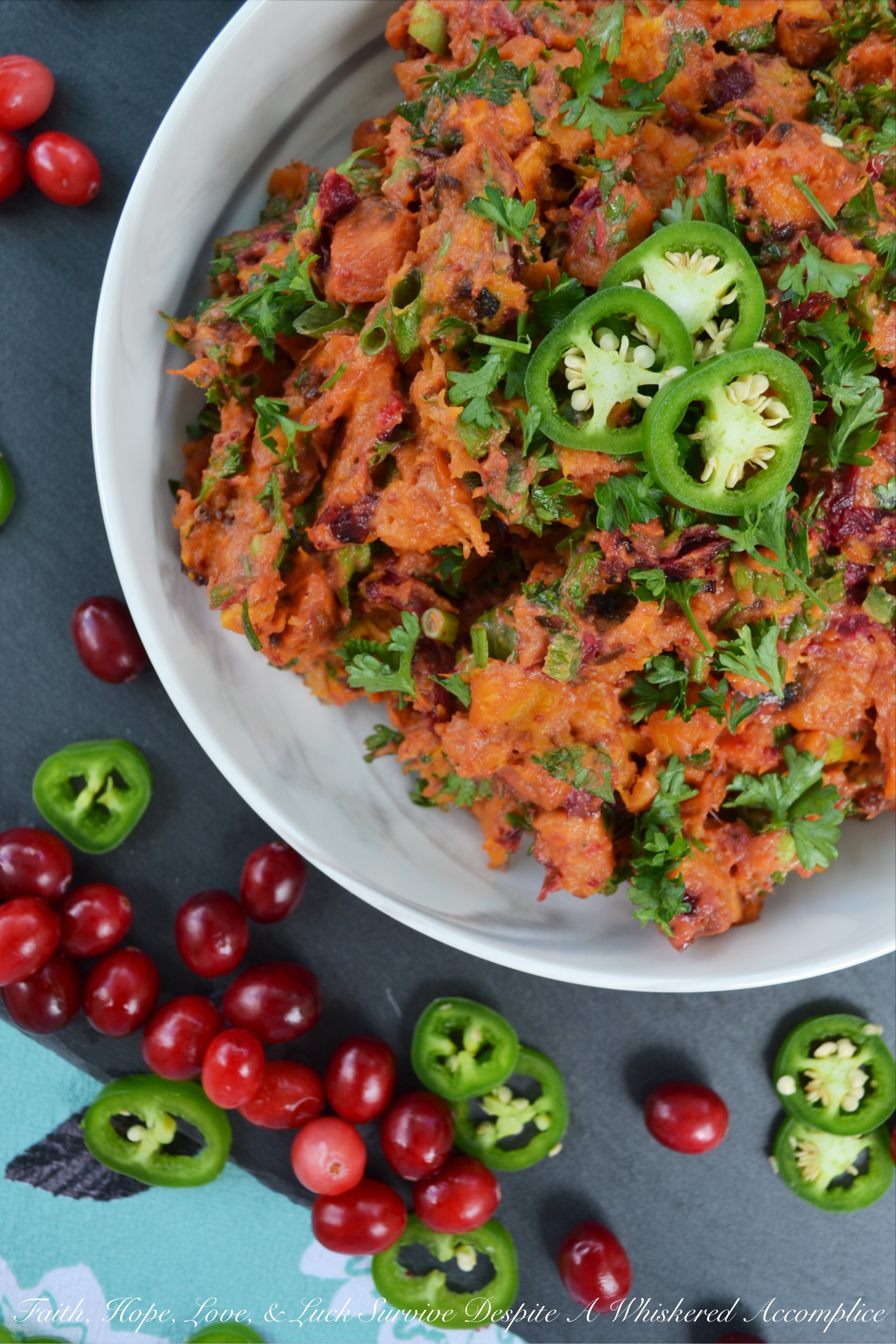 Warm Cranberry & Jalapeño Sweet Potato Salad - This warm side salad is made using oven-roasted sweet potatoes and cranberries, which are tossed in a sweet and spicy sauce, along with chopped scallions, finely diced jalapeño, and fresh parsley. This unique and flavorful summer potato salad just goes to show you that sweet potatoes and cranberries aren't just for Thanksgiving anymore.