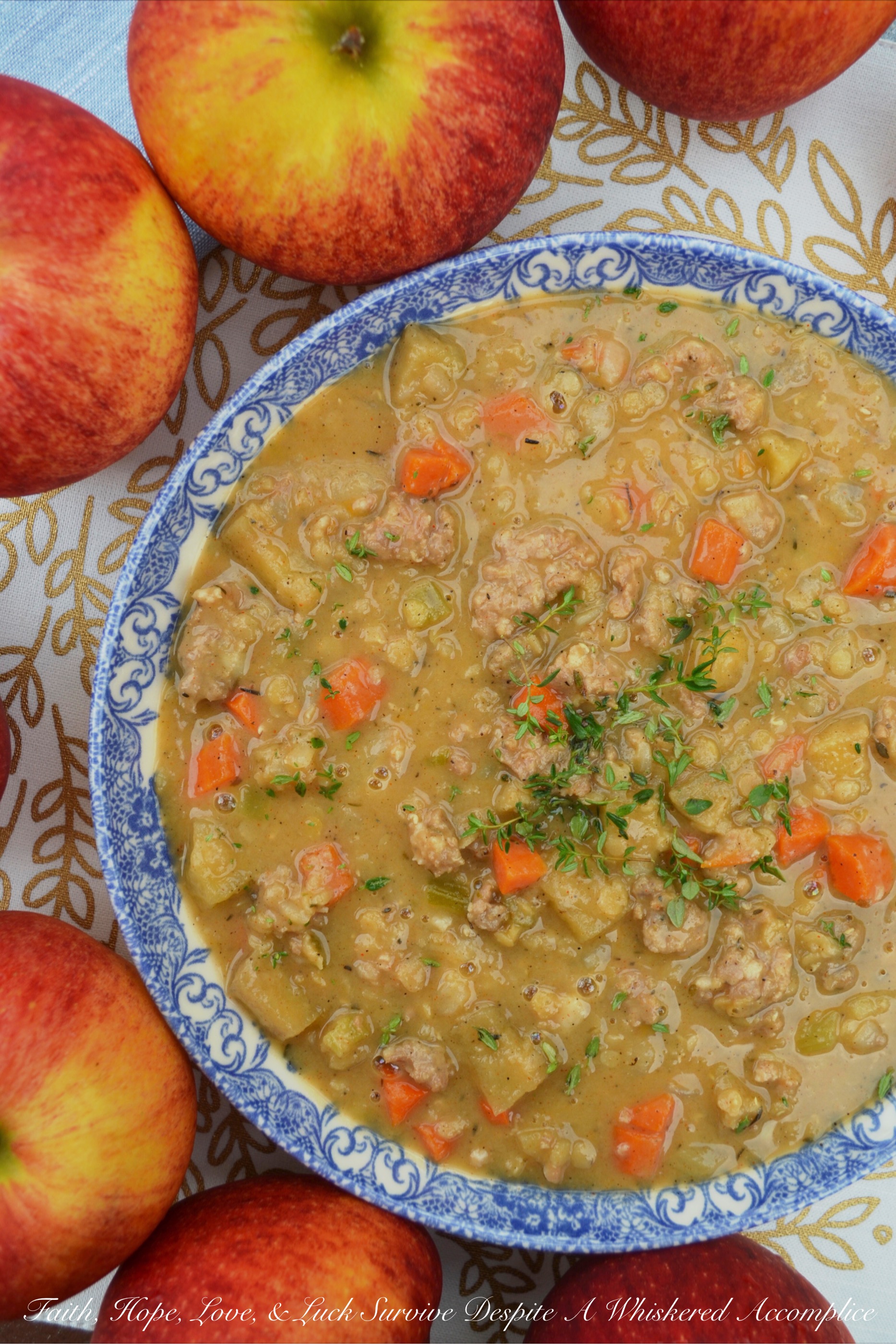 Apple & Lentil Andouille Crockpot Stew - Now that fall has finally arrived, it's time to enjoy a comforting bowl of crockpot stew. This slightly spicy apple and andouille sausage stew is packed with flavor and has a lovely texture thanks to the red split lentils it contains. I can pretty much guarantee that this is definitely one slow-cooked meal you'll be thrilled to arrive home to on a crisp autumn evening.