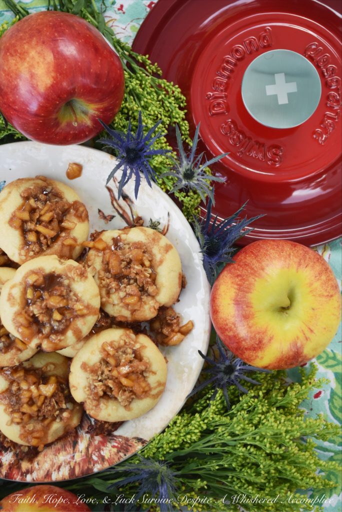 Buttery Apple Streusel Thumbprint Cookies - What's better than a cookie? A buttery cookie, filled with cinnamon caramel apple sauce, topped with sweet oatmeal streusel topping, and then drizzled with more cinnamon caramel apple sauce. Are you drooling yet? I know I am. Really, this is simply one thumbprint cookie you just have to make this fall.