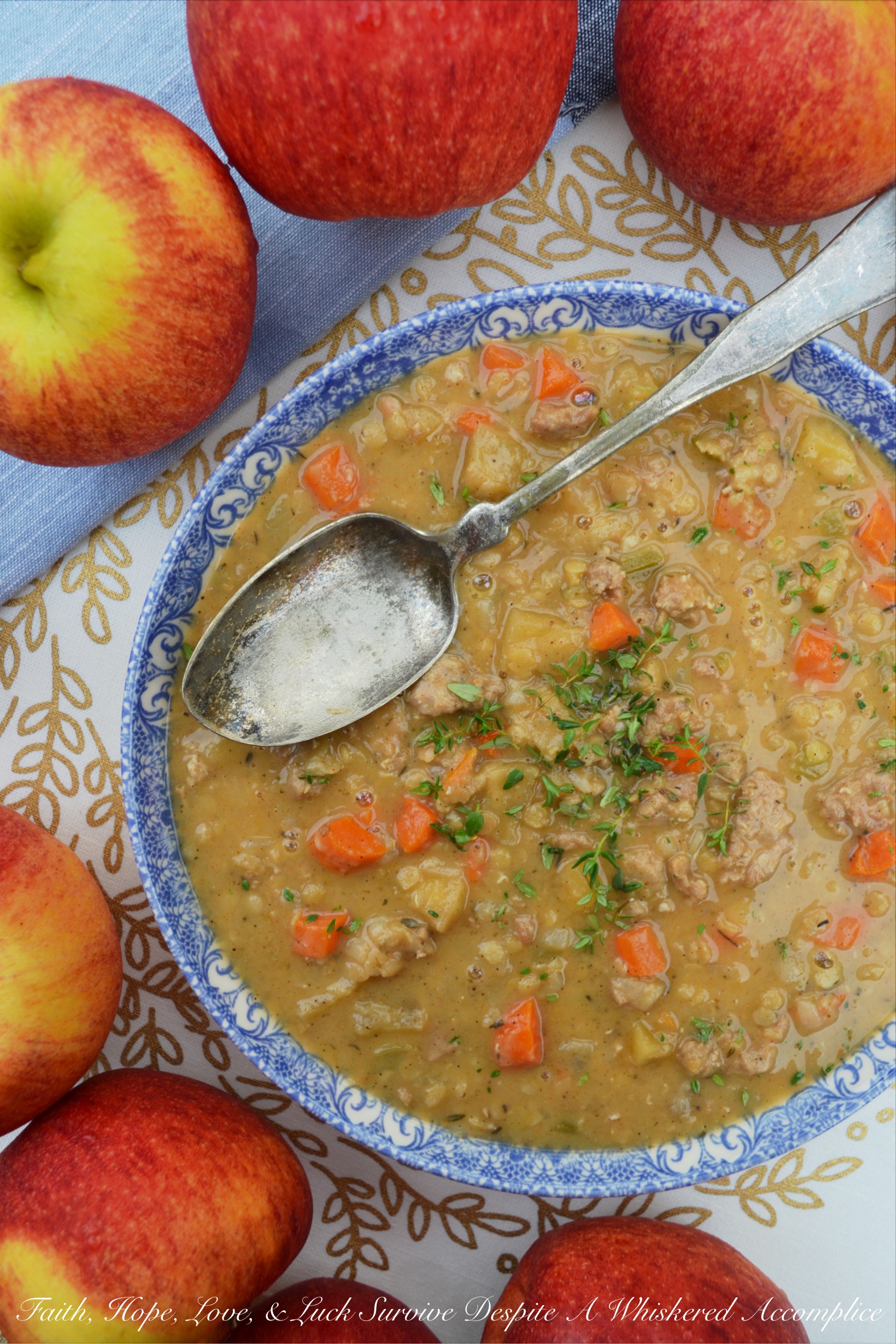 Apple & Lentil Andouille Crockpot Stew - Now that fall has finally arrived, it's time to enjoy a comforting bowl of crockpot stew. This slightly spicy apple and andouille sausage stew is packed with flavor and has a lovely texture thanks to the red split lentils it contains. I can pretty much guarantee that this is definitely one slow-cooked meal you'll be thrilled to arrive home to on a crisp autumn evening.
