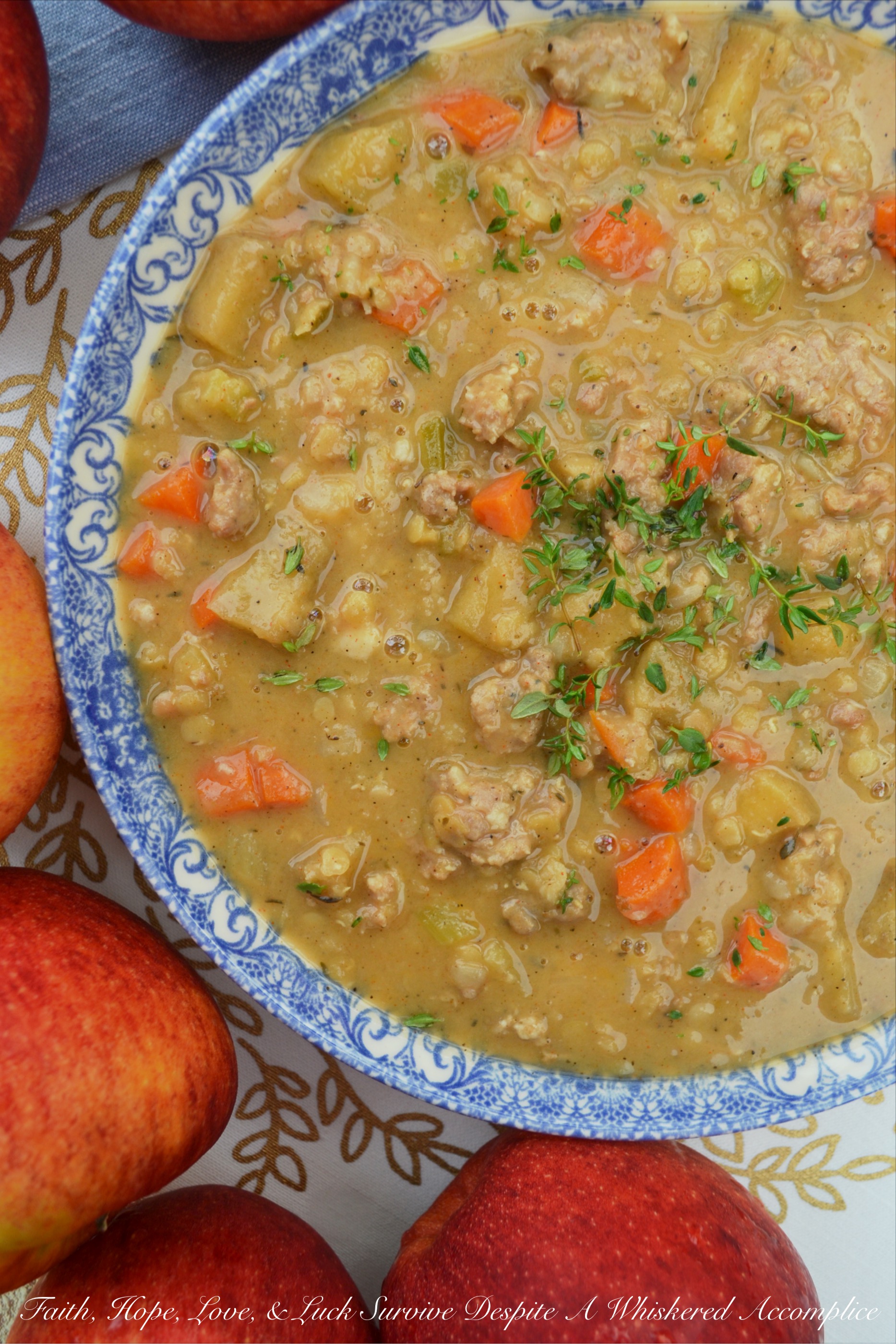 Apple & Lentil Andouille Crockpot Stew - Now that fall has finally arrived, it's time to enjoy a comforting bowl of crockpot stew. This slightly spicy apple and andouille sausage stew is packed with flavor and has a lovely texture thanks to the red split lentils it contains. I can pretty much guarantee that this is definitely one slow-cooked meal you'll be thrilled to arrive home to on a crisp autumn evening.