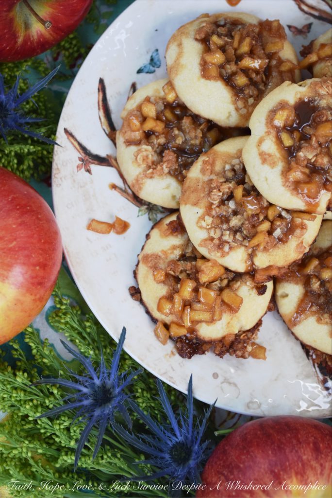 Buttery Apple Streusel Thumbprint Cookies - What's better than a cookie? A buttery cookie, filled with cinnamon caramel apple sauce, topped with sweet oatmeal streusel topping, and then drizzled with more cinnamon caramel apple sauce. Are you drooling yet? I know I am. Really, this is simply one thumbprint cookie you just have to make this fall.